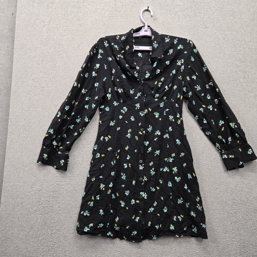Uniqlo Women Dress S Black Floral Fit & Flare Mini Shirt Cottagecore Button
